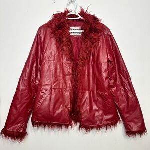 Burgundy Leather Jacket with Faux Fur Trim